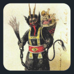 Sticker Carré Wicked Krampus Scary Demon Holiday Christmas Xmas<br><div class="desc">A very evil looking Krampus dossier ingly with his tongue sticking out in his traditional fashion. Naughty children are crying in the basket strapped to his back. This vintage artwork offers a unique way to show of your holiday spirit.</div>