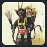 Sticker Carré Wicked Krampus Scary Demon Holiday Christmas Xmas<br><div class="desc">A very evil looking Krampus dossier ingly with his tongue sticking out in his traditional fashion. Naughty children are crying in the basket strapped to his back. This vintage artwork offers a unique way to show of your holiday spirit.</div>