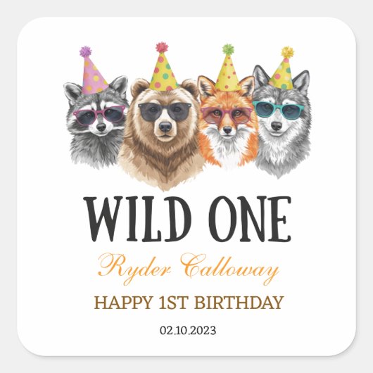 Sticker Carré Wild One Safari First Birthday – Jungle Animal (Devant)