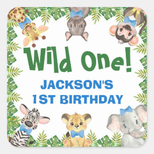 Sticker Carré Wild One Safari Zoo Animaux Garçon premier anniver