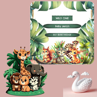 Sticker Carré Wild Un Anniversaire Jungle Safari Tropical Green