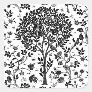 Sticker Carré William Morris Arbre de vie Motif, noir et blanc