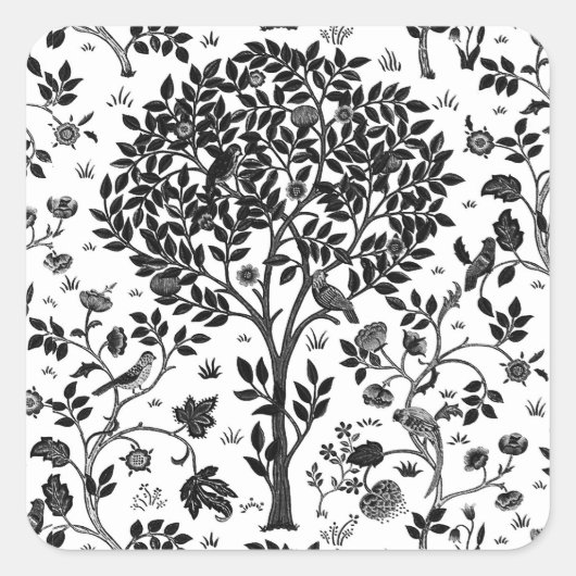 Sticker Carré William Morris Arbre de vie Motif, noir et blanc (Devant)