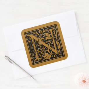 Sticker Carré William Morris Lettre capitale N Mat or antique
