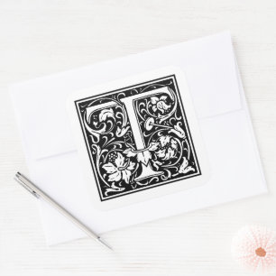 Sticker Carré William Morris Lettre capitale T sur fond blanc