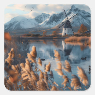 Sticker Carré Windmill sur un lac avec paysage de montagnes