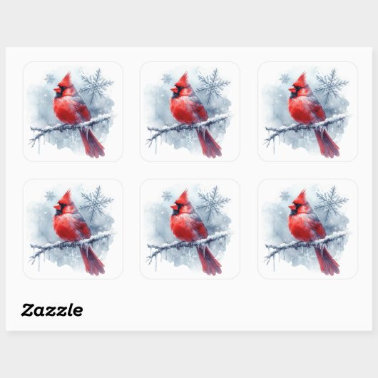 Sticker Carré Winter Cardinal with Snowflakes on Icy Branch (Feuille)