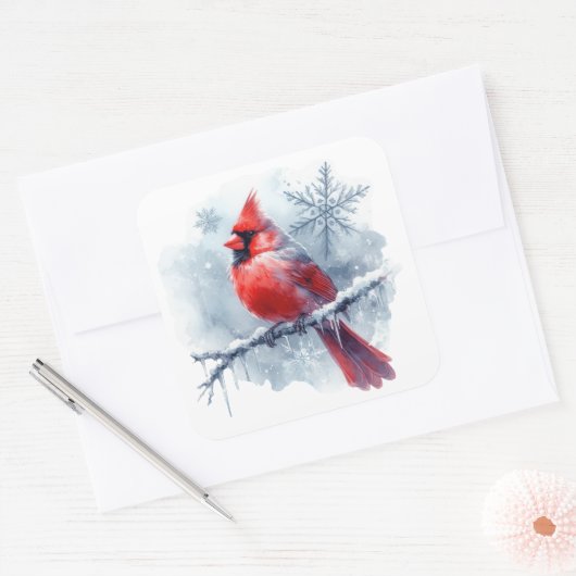 Sticker Carré Winter Cardinal with Snowflakes on Icy Branch (Enveloppe)