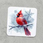Sticker Carré Winter Cardinal with Snowflakes on Icy Branch