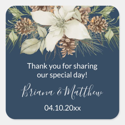 Sticker Carré Winter Navy Bleu Élégant Script Mariage Faveur (Devant)