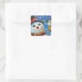 Sticker Carré Winter Snowman et Chickadee Bird Aquarelle Art (Sac)
