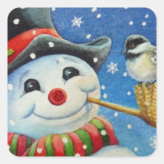 Sticker Carré Winter Snowman et Chickadee Bird Aquarelle Art (Devant)
