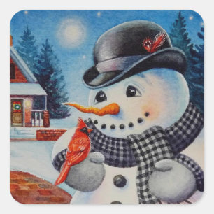 Sticker Carré Winter Snowman & Red Cardinal Bird Aquarelle Art