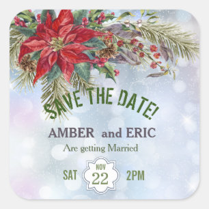 Sticker Carré Winter Wonderland Poinsettia Enregistrer la date