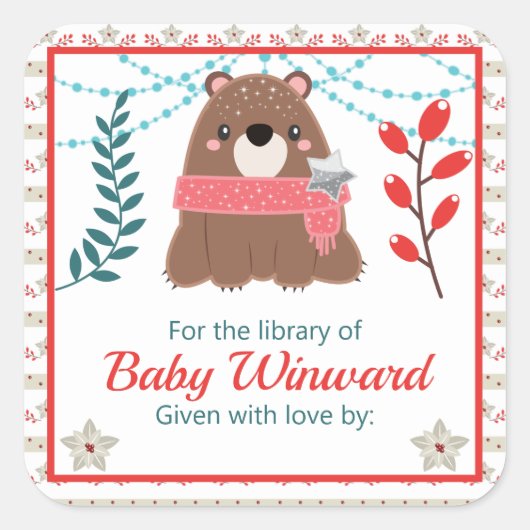Sticker Carré Winter Woodland Bear Baby Library Plaque d'accueil (Devant)