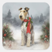 Sticker Carré Wirefox Terrier Chien de Noël de neige (Devant)