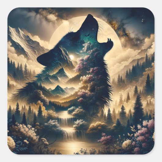 Sticker Carré Wolf Howling à la Lune (Devant)