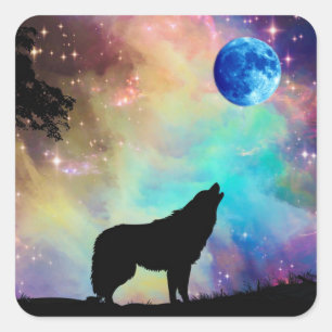 Sticker Carré Wolf Howling à la lune Galaxy Stars Animal