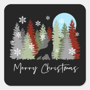 Sticker Carré Wolf Howling Dans La Forêt Joyeux Arbres De Noël