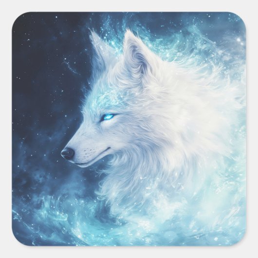 Sticker Carré Wolf Spirit with Glowing Eyes in Galaxy Nebula (Devant)