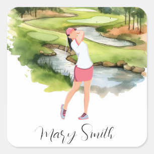 Sticker Carré Woman Golfer est golfeuse sur terrain de golf aqua