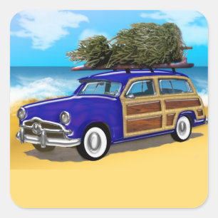 Sticker Carré Woodie de surf avec sapin de Noël