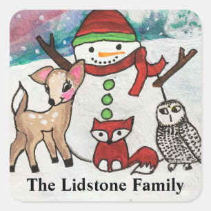 Sticker Carré Woodland Animals Snowman Nom de famille