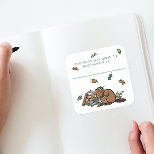 Sticker Carré Woodland Beaver Storybook Baby Bookplaques