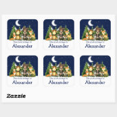 Sticker Carré Woodland Forest Animals Trees Sky Bookplate Étique (Feuille)