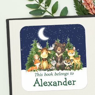 Sticker Carré Woodland Forest Animaux Sky Trees Bookplate Étique