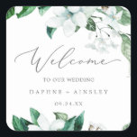 Sticker Carré Woodland Greenery Mariage Bienvenue<br><div class="desc">Ces autocollants de bienvenue mariages de verdure boisée sont parfaits pour un été ou mariage de automne. Le design boho moderne comprend des feuilles d'eau vert émeraude, sauge et olive luxuriants et des botaniques avec des sprigs de fleurs blanches élégantes. Personnalisez ces autocollants avec l'emplacement de votre mariage, vos noms...</div>