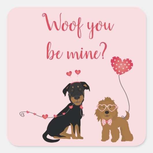 Sticker Carré Woof You Be Mine Valentine Dogs (Devant)