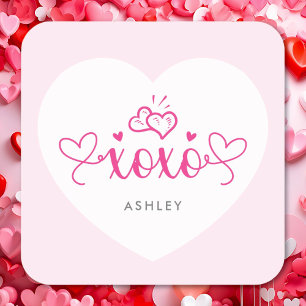 Sticker Carré XOXO Écriture Élégante Cœurs Roses Saint-Valentin