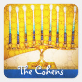 Sticker Carré Yellow Gold Hanoukka Menorah Élégant Nom personnal (Devant)