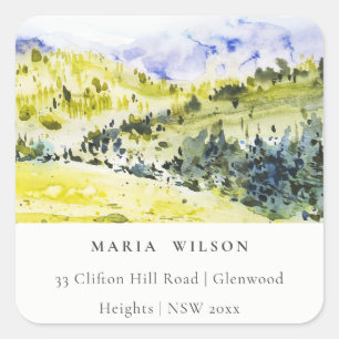 Sticker Carré Yellow Green Watercolor Countryside Hills Adresse