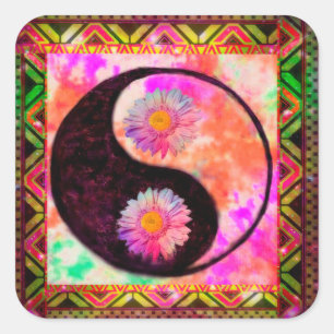 Sticker Carré Yin Yang Boho Aztec Peace Love Tie Dye Rainbow