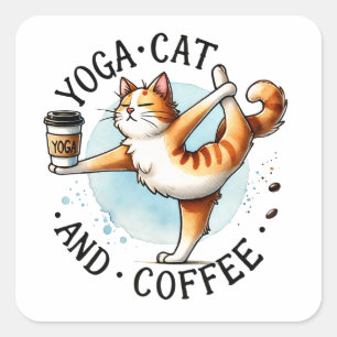 Sticker Carré "Yoga Cat and Coffee" Amusants Amoureux de les cha