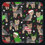 Sticker Carré Yorkie Christmas Yorkshire Terrier Dog<br><div class="desc">Chiens du Yorkshire Terrier mignon avec des manteaux courts et découpés,  habillés de tenues de vacances festives,  chapeaux de Père Noël et chandails de Jacquard avec motif de décorations de Noël éparpillées.</div>