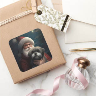Sticker Carré Yorkipoo avec le Père Noël Festif Noël