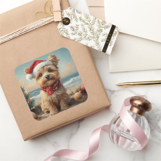 Sticker Carré Yorkipoo Dog Christmas Vintage Beach (Cadeaux)