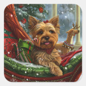 Sticker Carré Yorkshire Terrier Chien Fête de Noël (Devant)