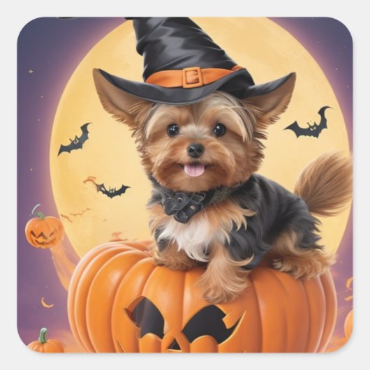 Sticker Carré Yorkshire terrier halloween citrouille (Devant)