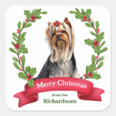 Sticker Carré Yorkshire Terrier Holly Wreath Noël (Devant)