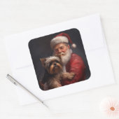 Sticker Carré Yorkshire Terrier Santa Claus Festive Noël (Enveloppe)