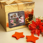 Sticker Carré Your Photo Rustic Wood Christmas Holiday<br><div class="desc">Sticker featuring 3 of your custom Photo Photo By a dark rustic wood background pattern with solive ribbons and stars. Beautiful for the Christmas holidays.</div>