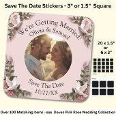 Sticker Carré Your Photo, Save The Date, Pink Roses & Doves
