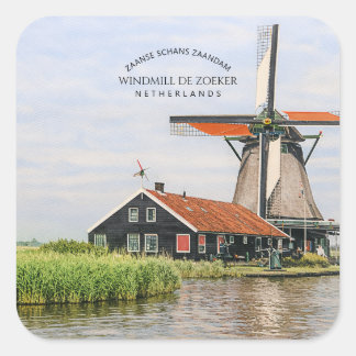 Sticker Carré Zaanse Schans Windmill Watercolor Dutch Heritage