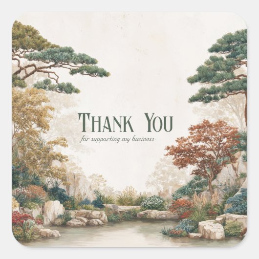 Sticker Carré Zen Asian Pine Tree Water Garden Rustic Scenery (Devant)