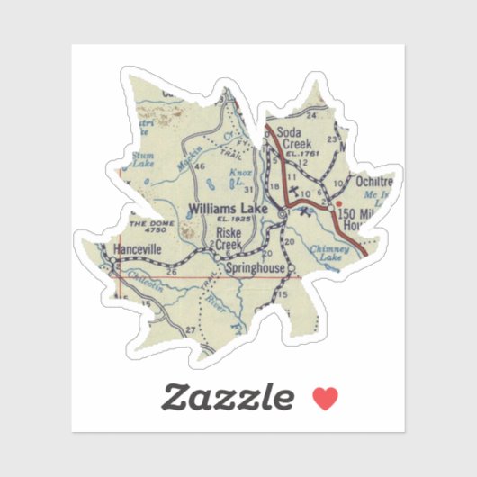 Sticker Carte des années 50 de Williams Lake BC (Feuille)