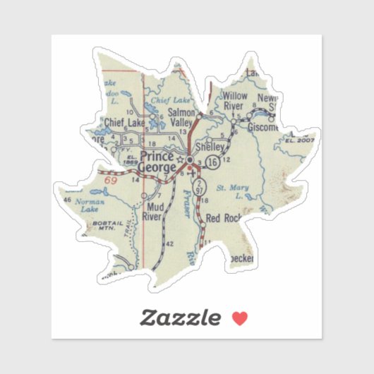 Sticker Carte Prince George BC (Feuille)